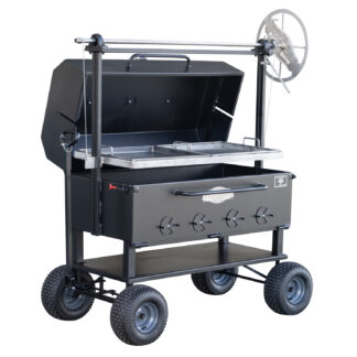 Meadow Creek SM48 Santa Maria Grill With Optional Hinged Lid With Thermometer, Half Seafood Grate, and Half Griddle